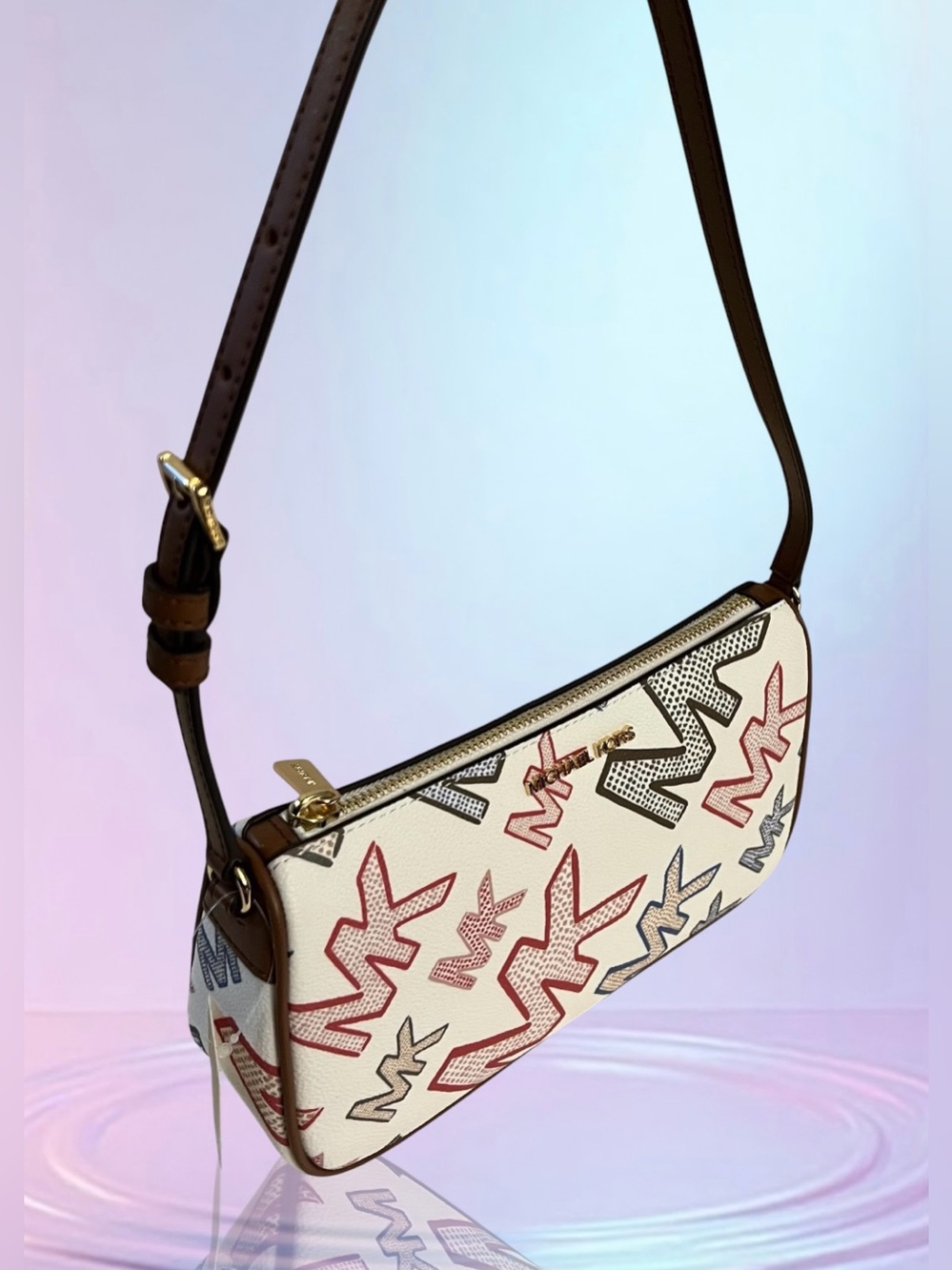 Michael Kors White Multicolor MK Logo Shoulder Bag with Brown Trim - Picture 3 of 16